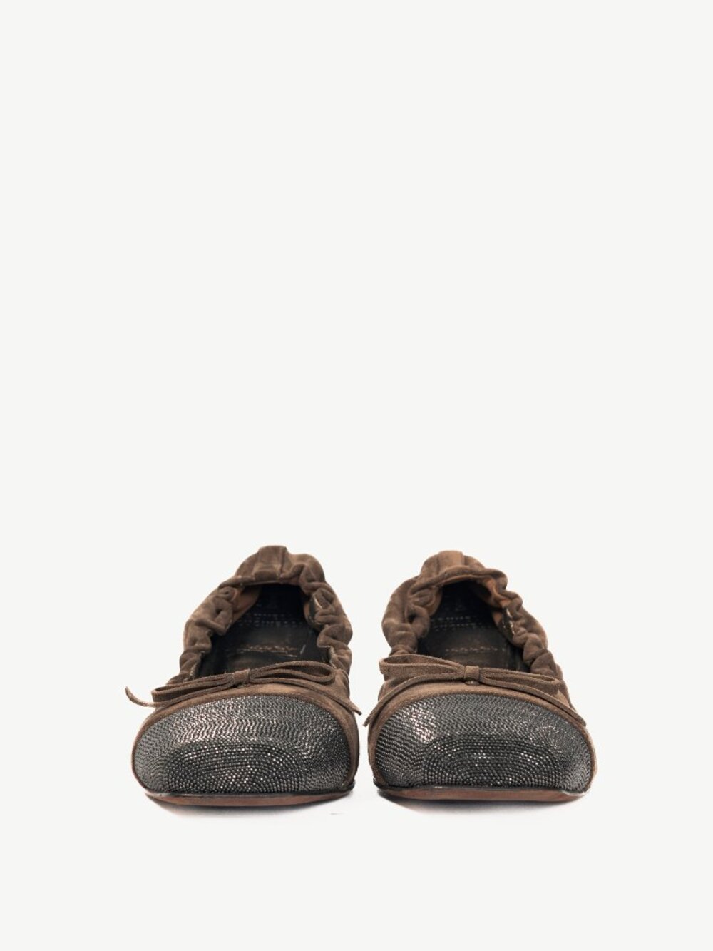 Brunello Cucinelli Brown Suede Monili-Cap-Toe Bow Flats - Picture 3 of 10
